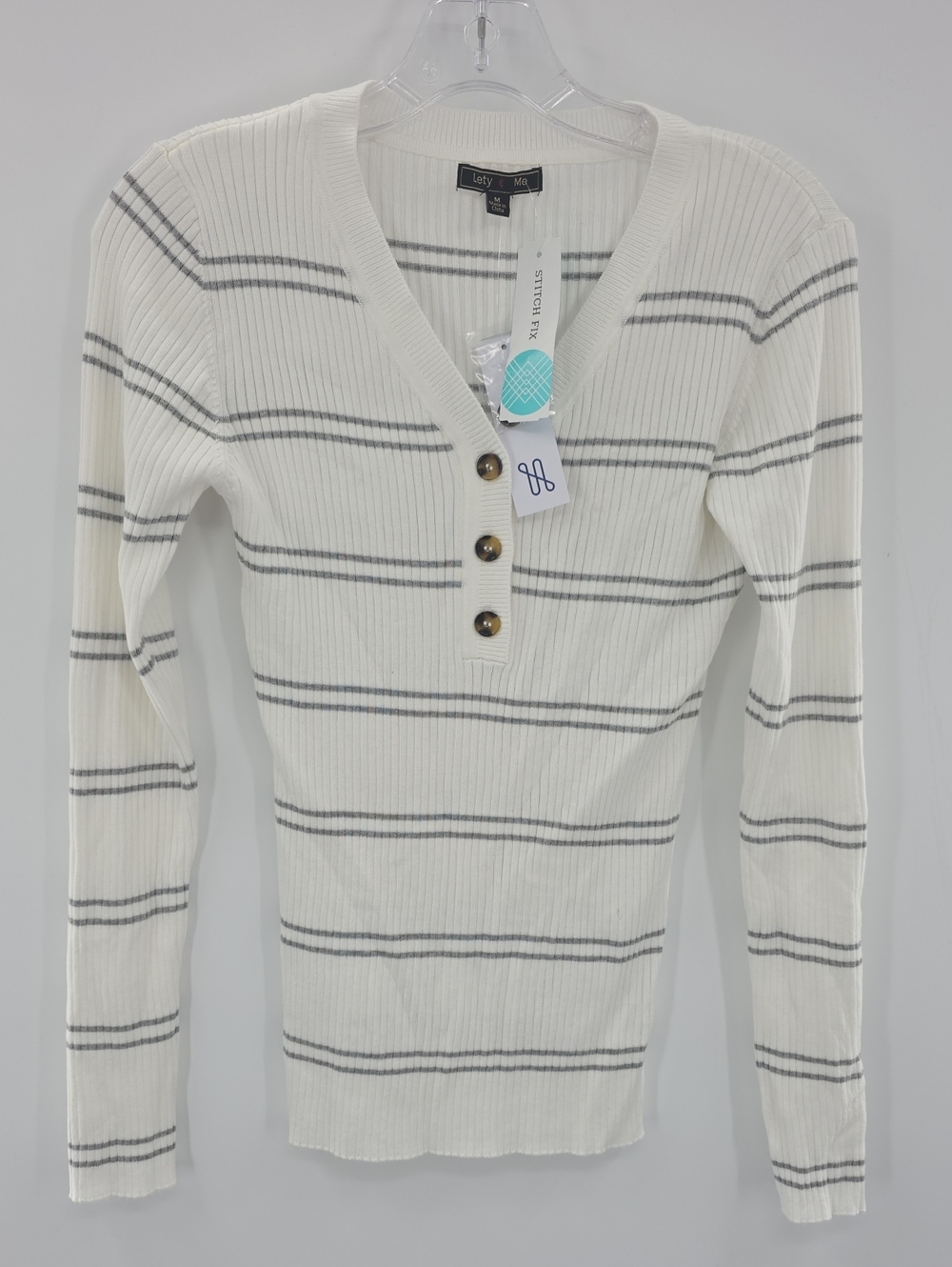 Lety & Me White V-Neck Ribbed Sweater with Gray Stripes